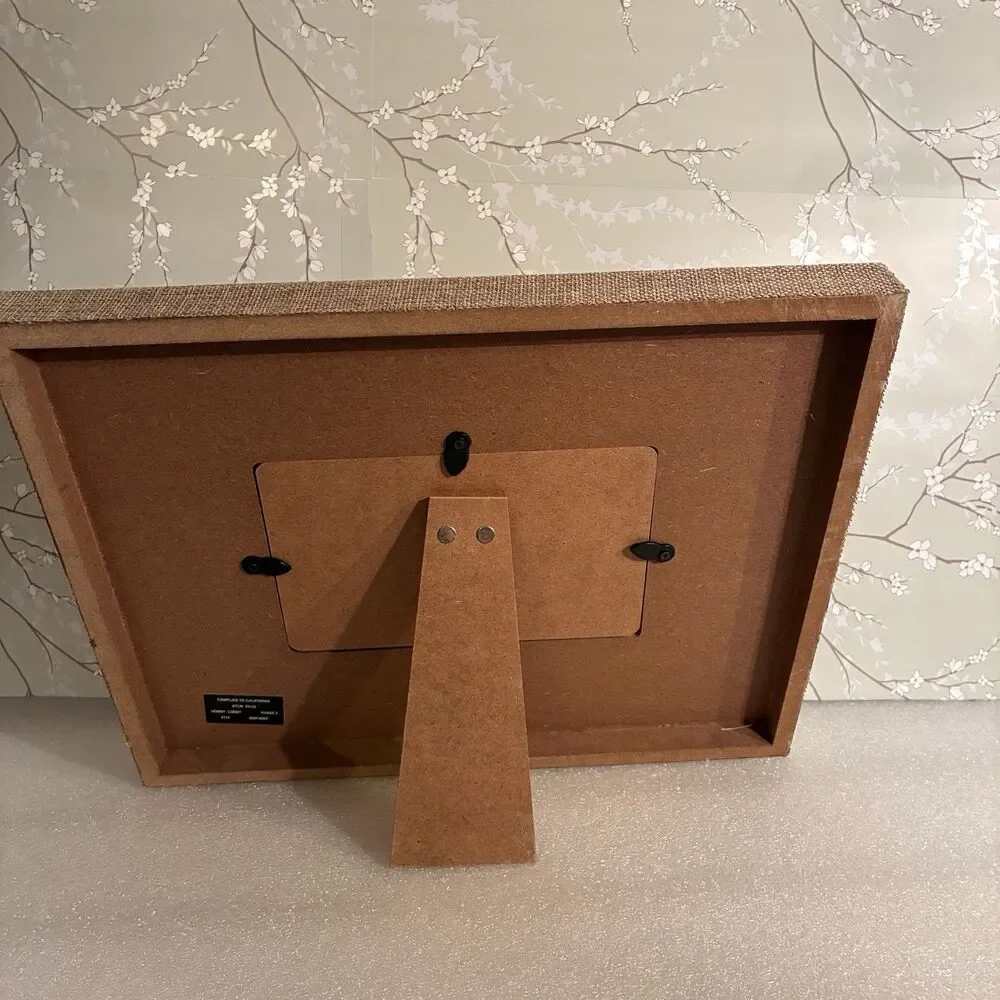 Picture Frame Wrapped In Burlap And Adorned W/ Metal Flowers & Knob. 4”x6” Pic.